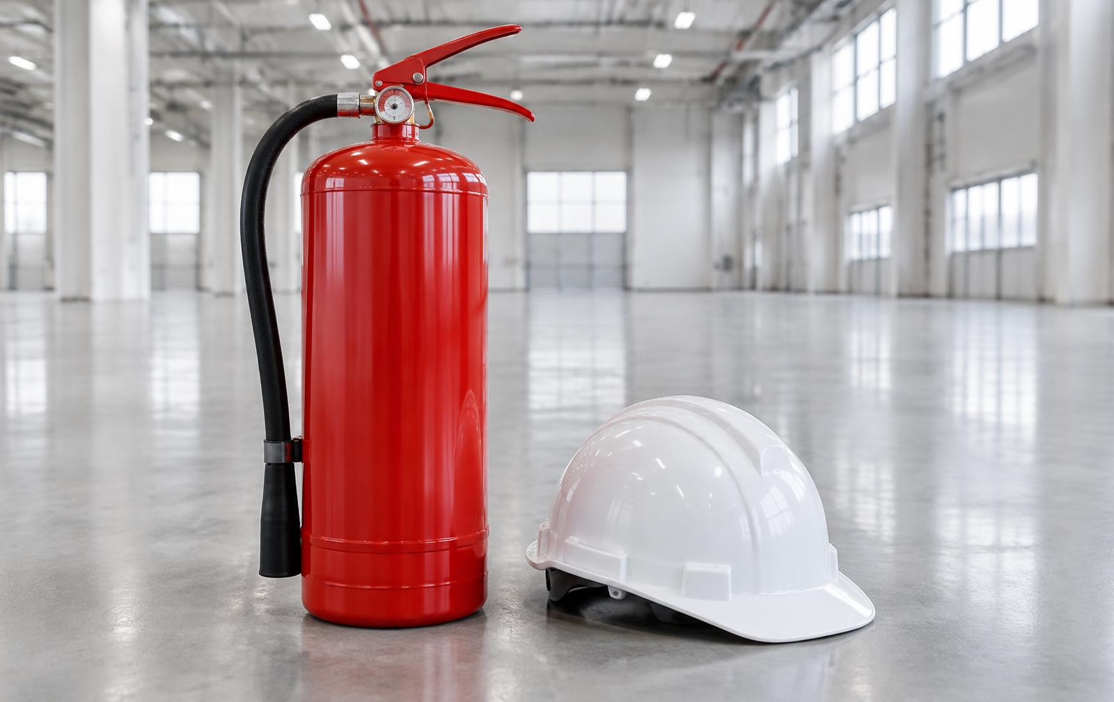 Roter Feuerlöscher und weißer Schutzhelm in einer hellen Industriehalle